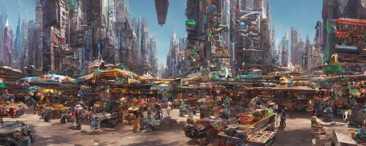 Image similar to street level view of a futuristic market and trading post at the center of a large advanced metropolis busy with activity lots of market signs aliens and people with a floating cars on the streets by craig mullins, neil blevins, dylan cole, james paick, hyper realistic, 8 k, vray render, artstation, deviantart,