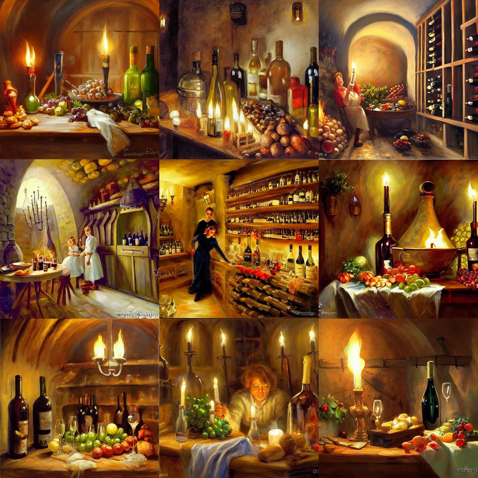 Prompt: wine cellar full of food, torches, schnapps, painting, Fritz Wagner, Vladimir Volegov, Olga Zakharova