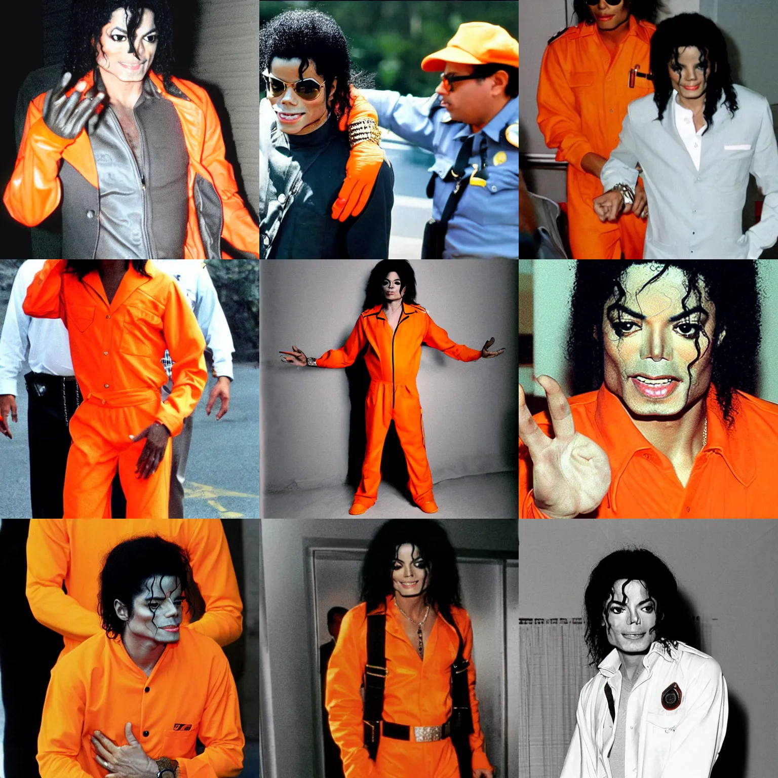 Prompt: Michael jackson in handcuffs in an orange prison jumpsuit