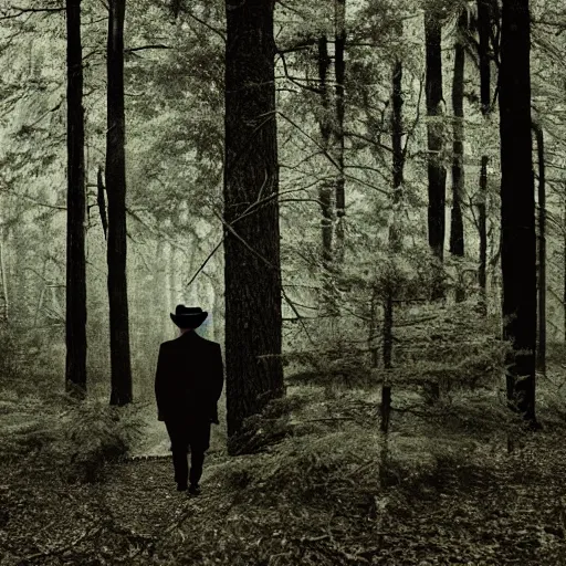 Image similar to shadowy man wearing a trenchcoat and a fedora in a liminal forest, uneasy feeling