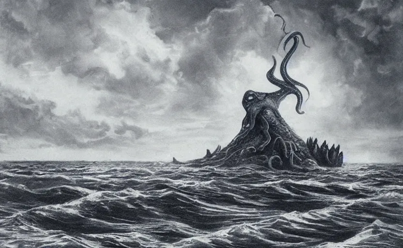 Image similar to cthulhu in the ocean looking up. matte painting. full color.