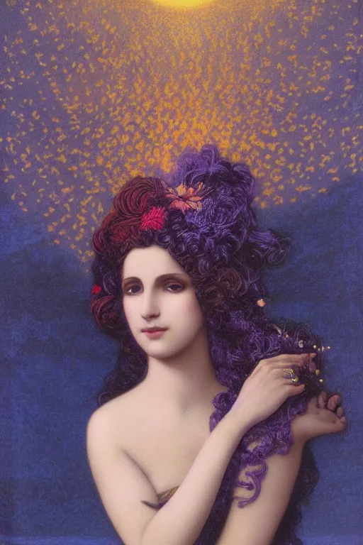 Prompt: beautiful portrait of the queen of night at twilight with the sunset in her hair| richly embroidered velvet| lush foliage | dramatic lighting | Maxfield Parrish and John Waterhouse | rich colors