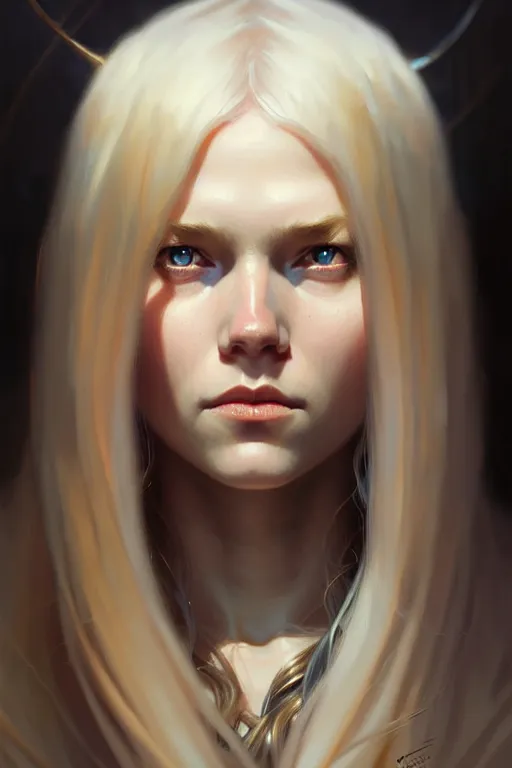 Image similar to Close-up portrait of young nordic girl, long blonde hair, dark fantasy, portrait, highly detailed, digital painting, artstation, concept art, sharp focus, illustration, art by artgerm and greg rutkowski and alphonse mucha