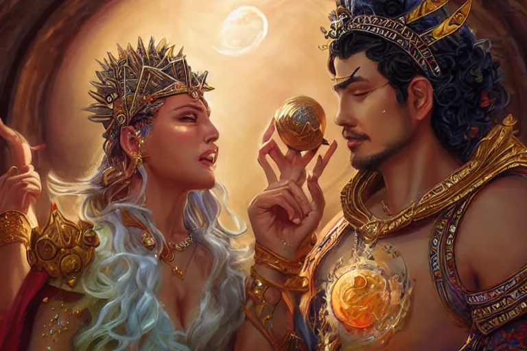 Image similar to close up moment of a divine a sun god and a moon goddess lovers magician at a wedding banquet, highly detailed, d & d, fantasy, highly detailed, digital painting, trending on artstation, concept art, sharp focus, illustration, art by artgerm and daniel gerhartz and magali villeneuve