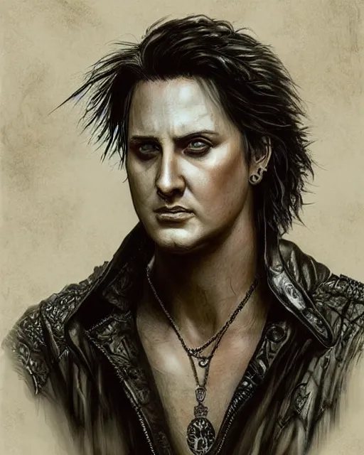 Image similar to synyster gates ( avenged sevenfold ), hyper realistic face, beautiful eyes, fantasy art, in the style of greg rutkowski, intricate, hyper detailed, smooth