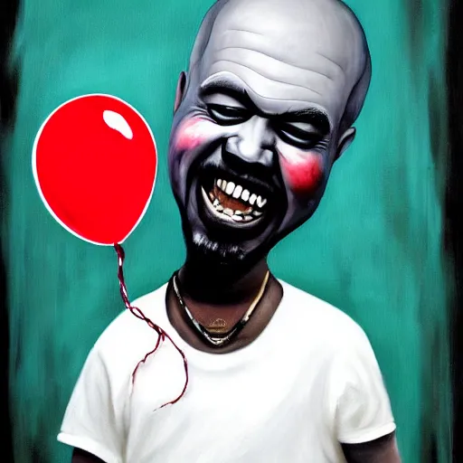 Image similar to grunge painting of kanye with a wide smile and a red balloon by chris leib, loony toons style, pennywise style, corpse bride style, horror theme, detailed, elegant, intricate