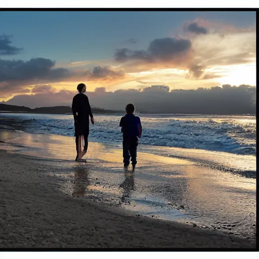 Prompt: photograph of sunset with my family in baron beach by oscar motuloh