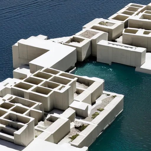 Prompt: habitat 6 7, white lego terraced architecture hotel in the dessert, many plants and infinite pool