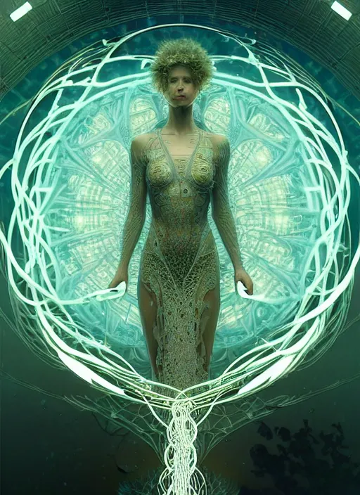 Image similar to fractals!! calm, healing, resting, water, hybrids, tech wear!!!, scifi, glowing lights!! intricate elegant, highly detailed, volumetric, smoke, digital photograph, artstation, concept art, smooth, sharp focus, thin glowing wires, illustration, art by greg rutkowski and alphonse mucha, singularity!!!