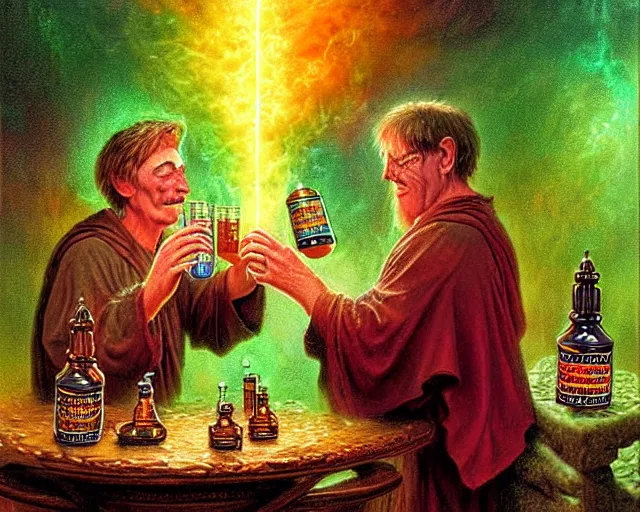 Image similar to A richly detailed fantasy digital art of an ancient vintage apothecary magic arcane nebula healing elixir potion bottle trading card an esoteric blender render by Bob Eggleton, two jolly wizards enthusiastically drinking and imbibing magic potions