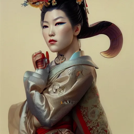 Prompt: portrait painting of an asian cyborg geisha, ultra realistic, concept art, intricate details, eerie, highly detailed, photorealistic, octane render, 8 k, unreal engine. art by artgerm and greg rutkowski and alphonse mucha