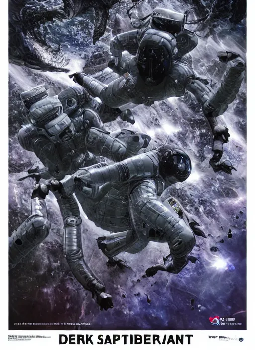 Image similar to astronauts in dark and empty void underwater - complex and hyperdetailed suit. reflection and dispersion materials. rays and dispersion of light. volumetric light. 5 0 mm, f / 3 2. noise film photo. flash photography. ultra realistic, wide angle. poster by wayne barlowe, hajime sorayama aaron horkey, craig mullins. dark key.