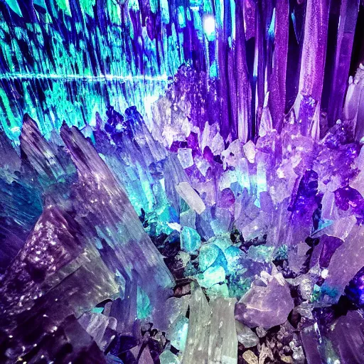 Prompt: ultra high definition nature documentry footage of an ethereal crystal forest made of amethyst opal bismuth crystals nat geo david attenborough