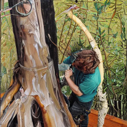 Image similar to high quality high detail painting by lucian freud and jenny saville, hd, cutting a redwood tree, turquoise