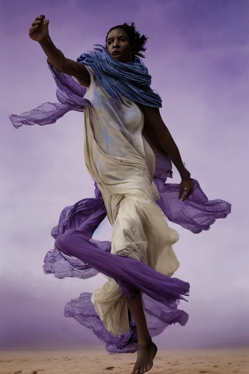 Prompt: full lenght flowing twisted clothes like tornado a old tuareg woman, many fabric, stones near foot, wind, stands on sand, full body shot, dark background, pastel purple colour scheme, jellyfish phoenix, highly detailed. by caravaggio, greg rutkowski