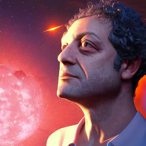 Image similar to gustavo cerati looking at the red moon in the universe, universe, stars, digital art, render unreal engine, highly detailed face, asymmetrical