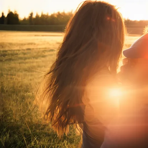 Prompt: long shot landscape young man and woman with long brown hair silhouette cuddle, sun rise, realism, soft lighting, lens flair, glare