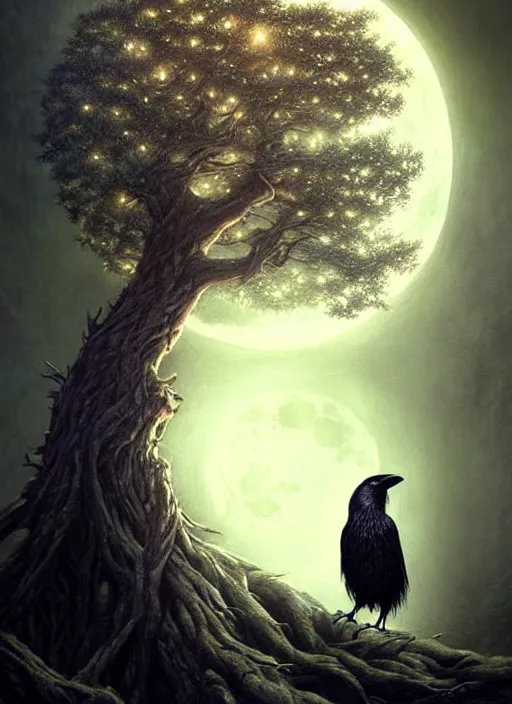 Image similar to side portrait dark crow on tree in front of the full big moon, fine art, awesome fantasy book cover on Pinterest, award winning, fantasy forest landscape, fantasy magic, dark golden light night, intricate, elegant, sharp focus, illustration, highly detailed, digital painting, concept art, matte, art by WLOP and Artgerm and Greg Rutkowski, masterpiece, trending on artstation