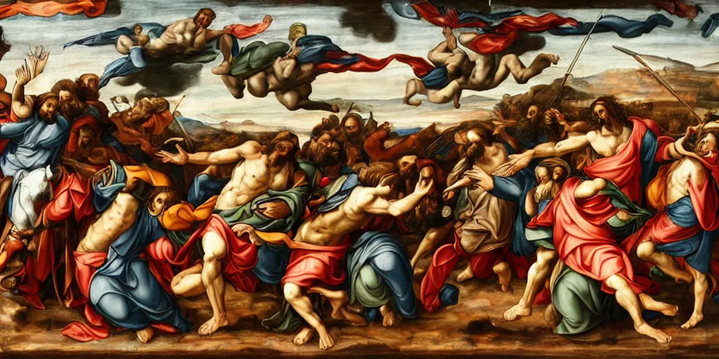 Prompt: a depiction of the battle between jesus as the son of god and allah as the lord of the worlds, during armageddon, highly detailed, artistic, in the art style of michaelangelo