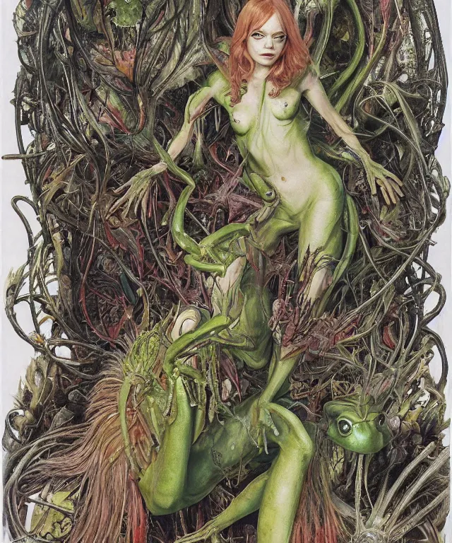 Prompt: a portrait photograph of a fierce emma stone as an alien harpy queen with slimy amphibian skin. she is trying on evil bulbous slimy organic membrane fetish fashion and transforming into a fiery succubus amphibian mantis. by donato giancola, walton ford, ernst haeckel, brian froud, hr giger. 8 k, cgsociety