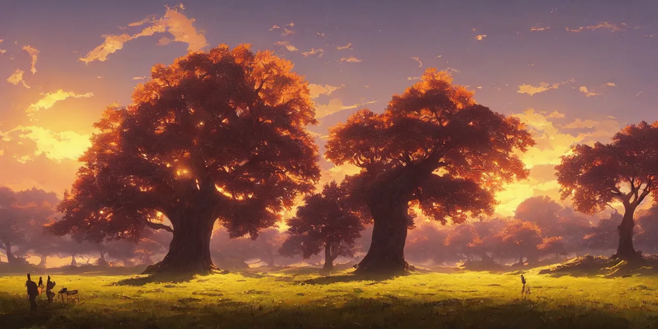 Prompt: a beautiful, stunning landscape with a giant oak tree in the fall sunset by makoto shinkai syd meade simon stalenhag environment