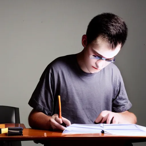 Prompt: a 1 7 years old boy, trying to study for his exams, realistic photo, hyper detailed, studio light