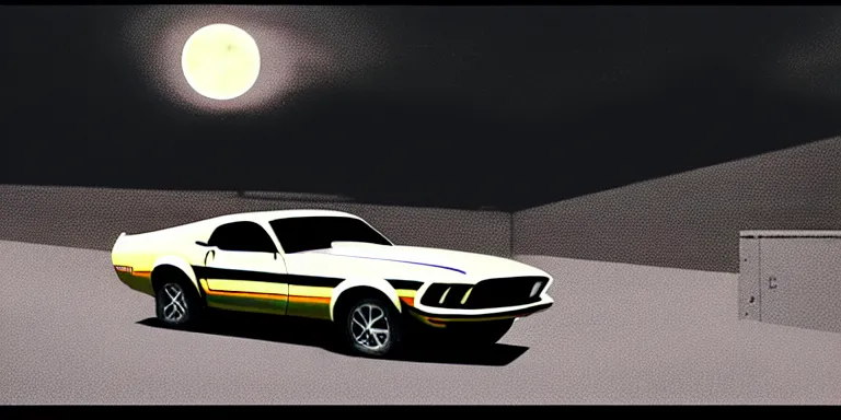 Image similar to a cinematic keyframe matte painting of a sleek 1 9 7 0 s vaporwave concept retro - futurism sci - fi ford mustang fast back knight rider blacked out car in an open garage in the american southwest, view from the street. in the moonlight. cactus. by eric lafforgue, glennray tutor and edward hopper, greg rutkowski. trending on artstation.