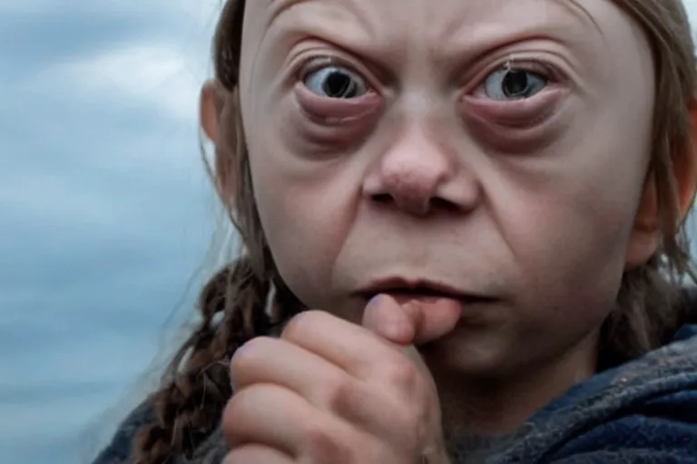 Prompt: greta thunberg as gollum, holding the ring, still shot from the new lord of the rings movie