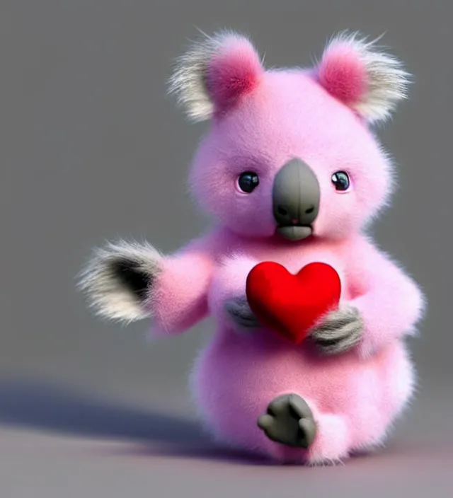 Prompt: high quality 3 d render hyperrealistic very cute small pink koala holding red heart,, plush mascot, short spiky dense fluffy smooth hair, photo from the side, pink fluffy fur, 1 5 0 mm, beautiful natural soft light, rim light, smooth background, artstation, ultra detailed, elegant, ultra detailed, metallic armor, octane render
