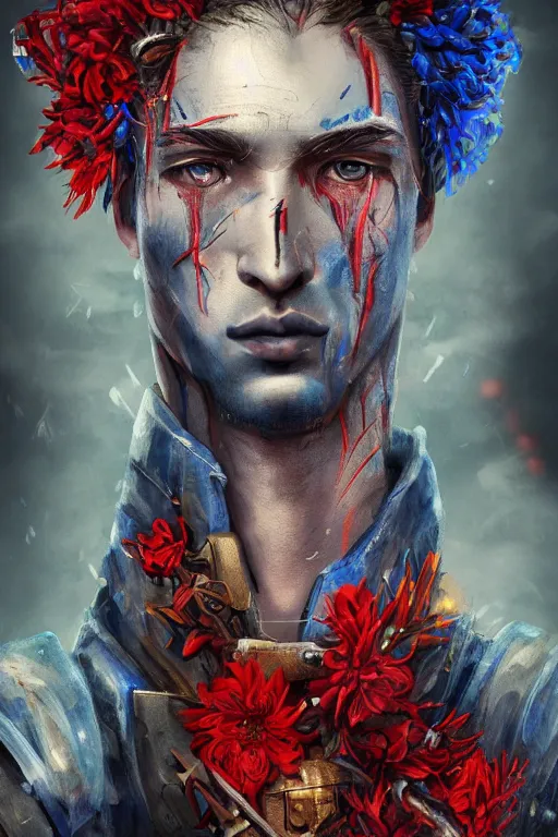 Image similar to portrait of beautiful young man, warhammer, japanic style, more and more cyberpunk, a lot of more scars, more and more flowers, blue head, some red water, the middle ages, highly detailed, artstation, illustration, artgerm sylvari portrait, 8 k quality, art by max ernst