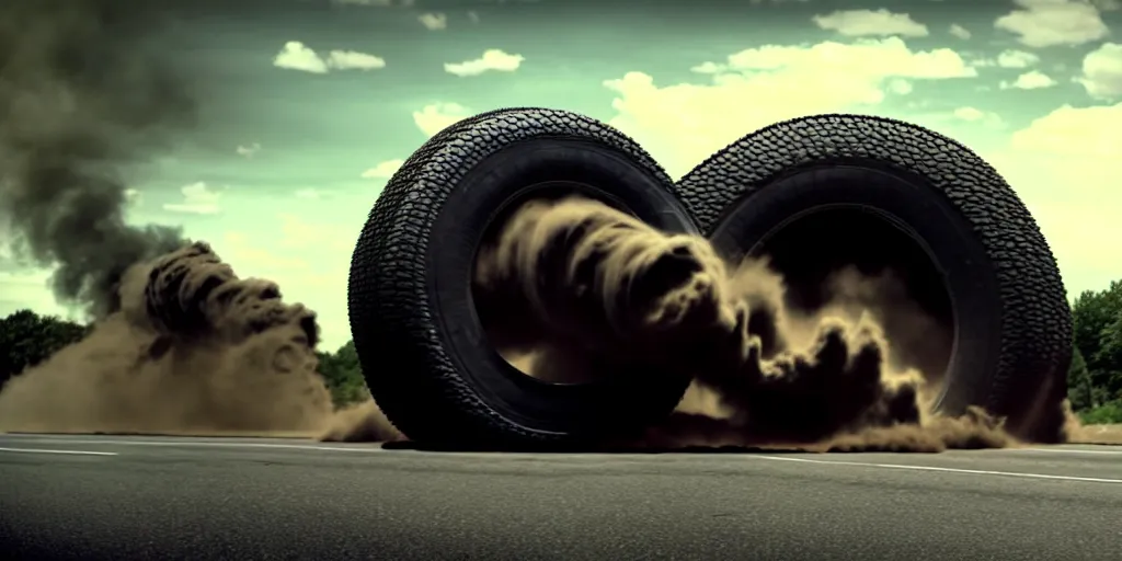 Prompt: A huge truck tire monster is rolling down the village destroying everything on its way. Dramatic, cinematic shot