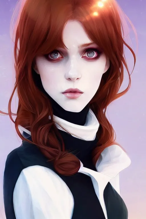 Image similar to beautiful pale vampire with auburn hair in a white turtleneck dress, on a super yacht, by guweiz and wlop and ilya kuvshinov and and moebius, artgerm, symmetrical eyes, aesthetic, gorgeous, stunning, alluring, attractive, half body portrait, fine details, detailed, artstation, deviantart, pinterest, digital art