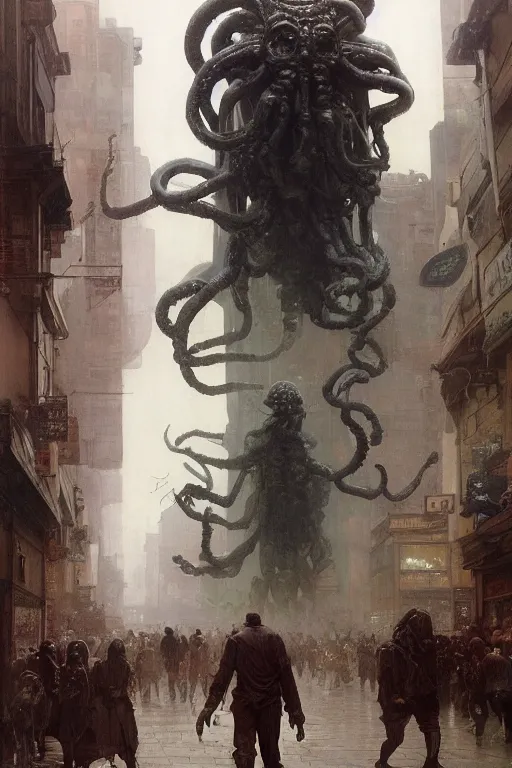 Prompt: huge towering bipedal martian with bulbous torso and tentacles instead of arms walks down city street, people flee, painted by ruan jia, raymond swanland, lawrence alma tadema, zdzislaw beksinski, norman rockwell, jack kirby, tom lovell, alex malveda, greg staples