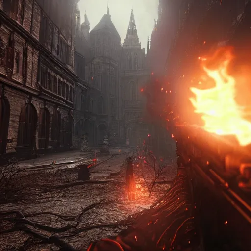 Image similar to looking down rifle in first person shooter bloodborne, background out of focus, flames