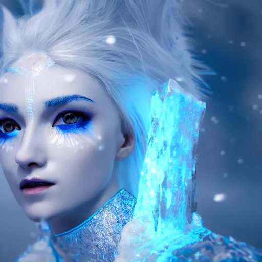 Image similar to ice goddess with beautiful face with a glowing blue crystal on her forehead, frosty white eyes, winter mist around her, white plated armor, pale skin, white smoke + photorealism, octane render, frostbite, 8 k, cinematic, 3 5 mm, aspect ratio