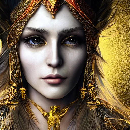 Image similar to highly detailed sharp photorealistic portrait of a beautiful lithuanian female priestess with shimmering hair, symmetrical face and eyes, dressed in intricate flowing silk, the silky cloth lined with golden glowing letters, cgsociety, Elden Ring, Dark Souls, Bloodborne H 640