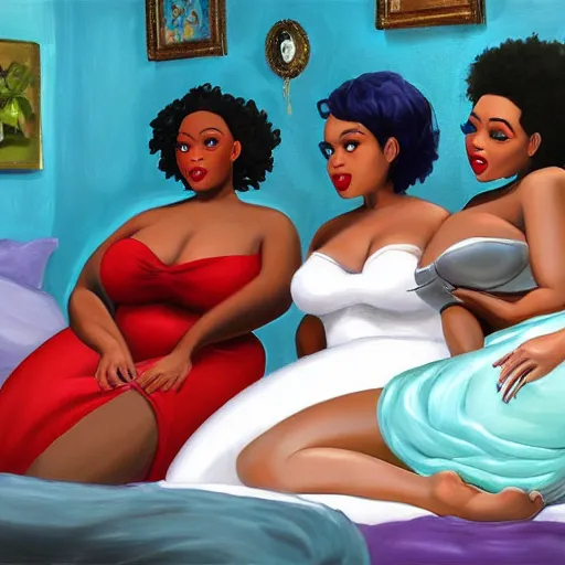 Prompt: photorealistic, stunning, coherent, beautiful painting, still of a group of black bbw models taking a picture of each other posing in the same bed , they are all laying down, one of them is on the phone with her boyfriend , 3d, in the style of pixar, smooth, 3d, highly detailed, highly detailed, sharp focus, bokeh, depth of field, 16k resolution, Unreal Engine 5, coherent, cinematic lighting, photorealistic