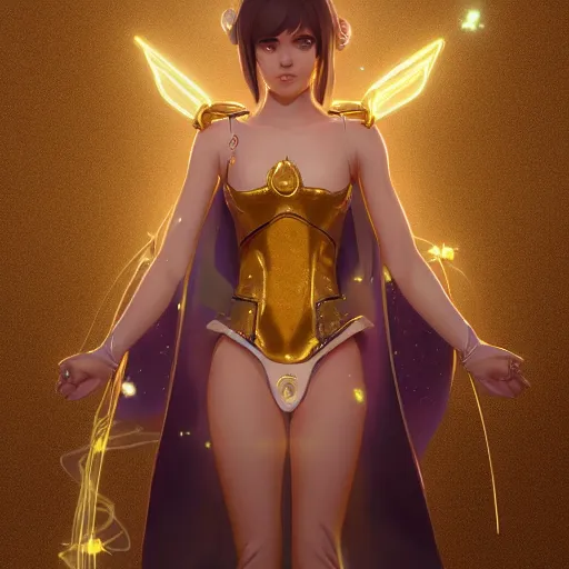 Image similar to a magical girl with gold magical suit, digital art, 8 k resolution, unreal engine, highly detailed, pretty face, very beautiful face, mystical atmosphere, trending on artstation, greg rutkowski