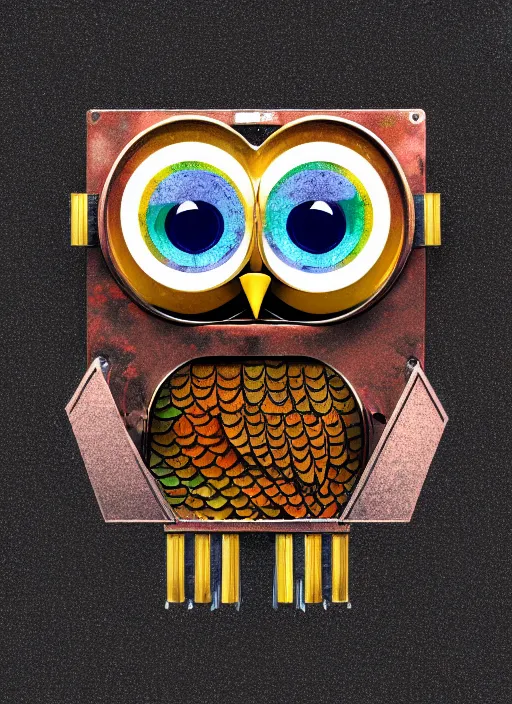 Image similar to colored pencil and pen drawing of an animatronic robot owl, bird made from rusty old keys and padlocks, space background, 8 k photorender realityengine