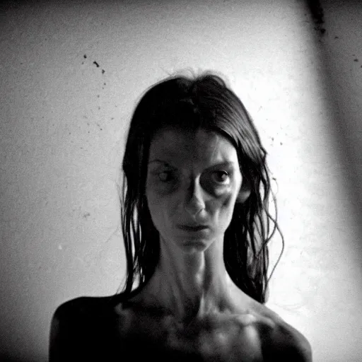 Prompt: still from a homemade video of some despair as lars von trier would depict it, she is 2 3, skinny and beautiful and listens to oathbreaker, she has a gorgon tattoo on her arm, she is full of hatred, photo, black and white, the background is unsafe, insanely detailed, foggy like in norwegian black metal aesthetic