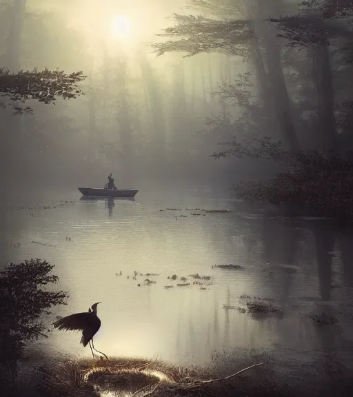 Image similar to three crows in a little boat in a swamp, volumetric lighting, fog, majestic light, octane render, ethereal glare of the sun, hyperrealistic, epic, masterpiece, by greg rutkowski