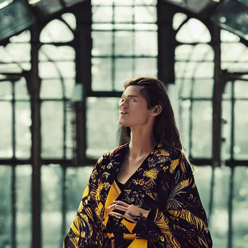 Prompt: head to shoulder film still of an elegant top model wearing a yellow kimono with a very detailed barn owl on her shoulder!!! in a tropical greenhouse. looking at the camera!!. super resolution. 85 mm f1.8 lens.bokeh. graflex. art by Alessio albi and ashley wood and Edmund Blair Leighton and John Singer Sargent! -