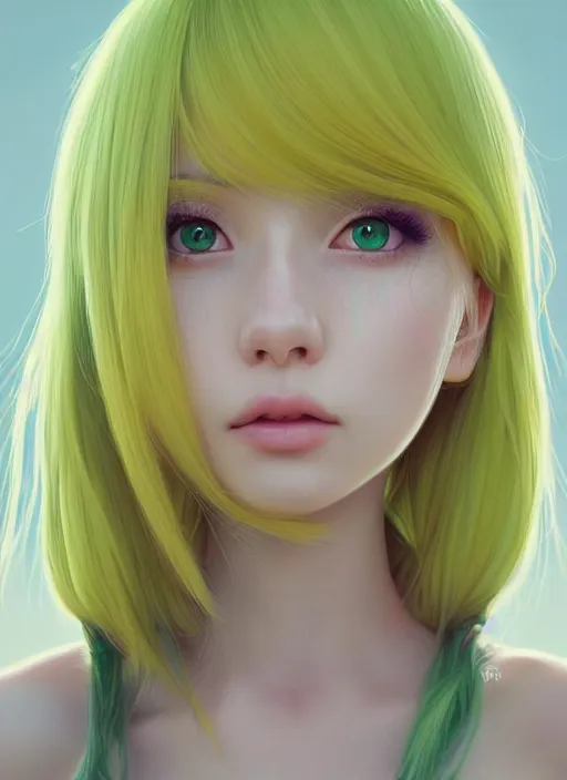 Image similar to the most beautiful cute anime girl portrait pastel yellow coloured hair, extremely detailed green eyes, professional 3 d visualisation in pastel colours, by wlop, intricate linework, trending on artstation, unreal engine 5 highly rendered