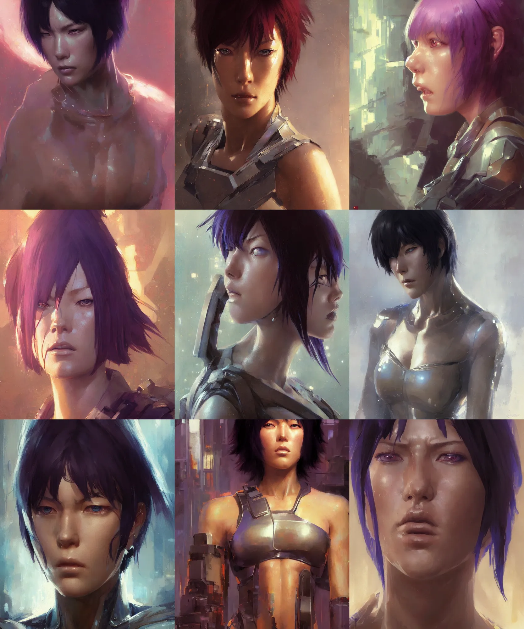 Prompt: digital art painting of motoko kusanagi dnd portrait painted by craig mullins and gaston bussiere and greg rutkowski, symmetrical face, defined facial features, symmetrical facial features, dramatic lighting, medium close up