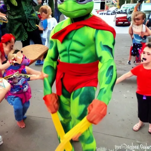 Prompt: A photo of a ((((bloody)))) teenage mutant ninja turtle birthday party performer