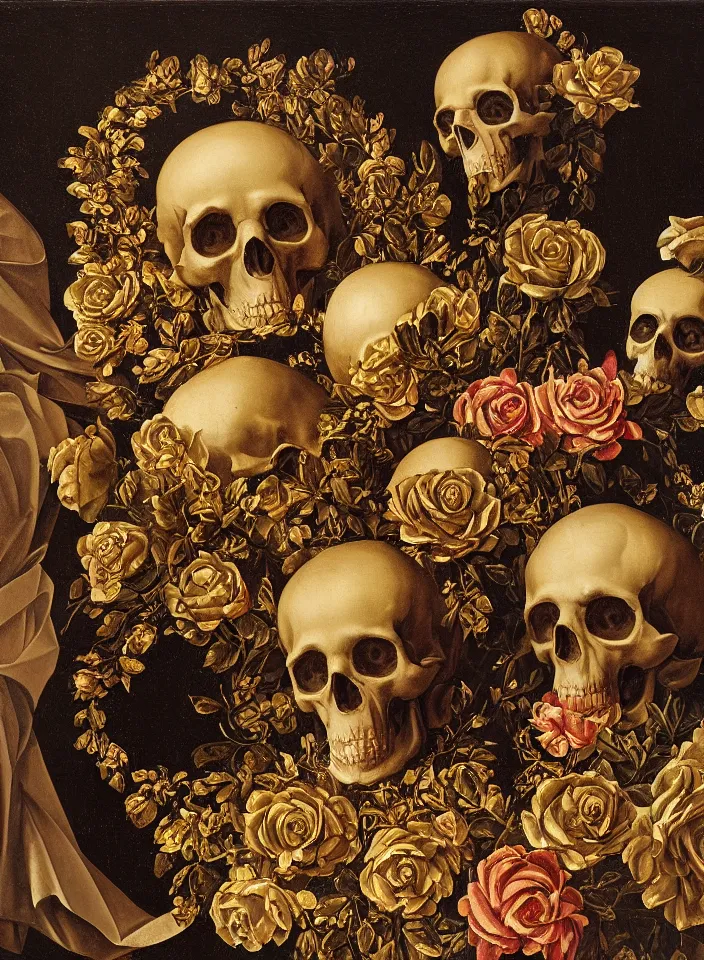 Prompt: portrait of hall of ossuary with a marble skulls with a wreath of gold roses and a dress of gold rose petals , oil painting in a renaissance style , very detailed, painted by Caravaggio.