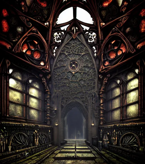 Image similar to steam necropolis, memento mori, gothic, neo - gothic, art nouveau, hyperdetailed copper patina medieval icon, stefan morrell, philippe druillet, ralph mcquarrie, concept art, steampunk, unreal engine, detailed intricate environment, octane render, moody atmospherics, volumetric lighting, ultrasharp, ominous, otherworldly