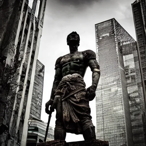 Image similar to statue of a warrior amongst the post apocalyptic city, hd photo