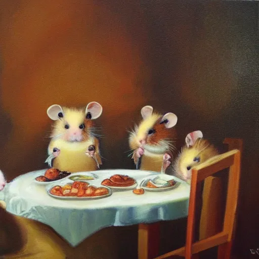 Prompt: oil painting of hamsters having dinner at the dinner table, vibrant