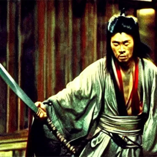 Prompt: Wuxia movie, kung fu movie, yokai, glam metal hair, demon man, Jiang sword 1977, cinematic